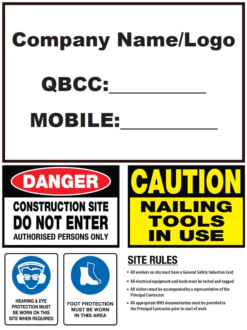 High-visibility site entry signage for building and construction sites, compliant with Australian safety regulations — custom printed in Brisbane and Melbourne.