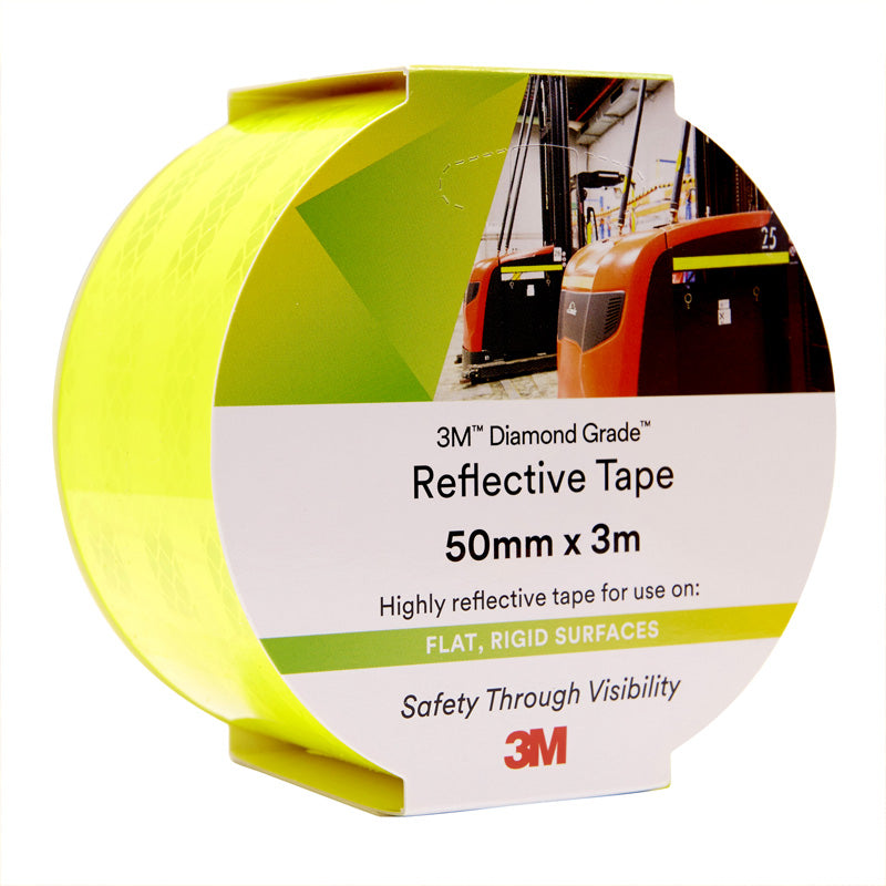 Fluro Yellow/Green 3M reflective tape packaging with product applied to a forklift image on a white background