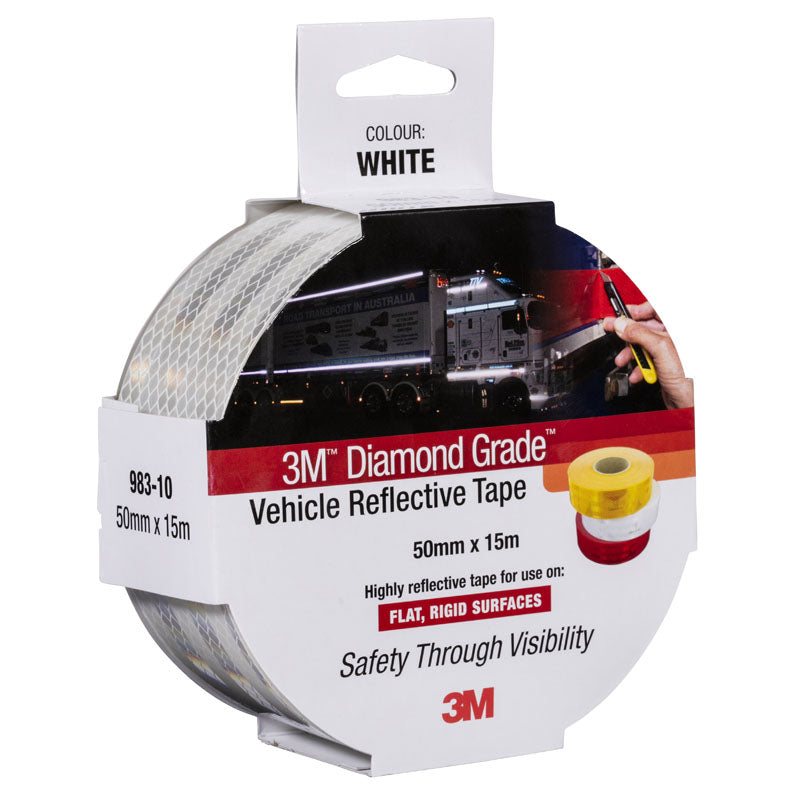 White 3M Diamond Grade vehicle reflective tape packaging on a white background