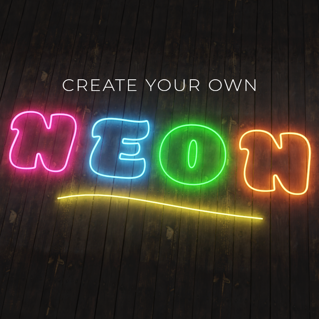 With SS Signs Online Store you can create your own custom neon signs - This image is showing the words 'CREATE YOUR OWN' in multicolored neon lights on a dark wooden background.