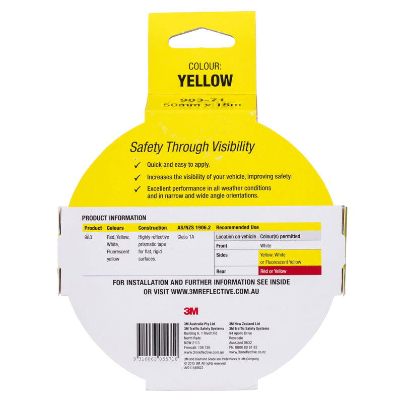 3M Yellow reflective tape packaging with product details on a white background