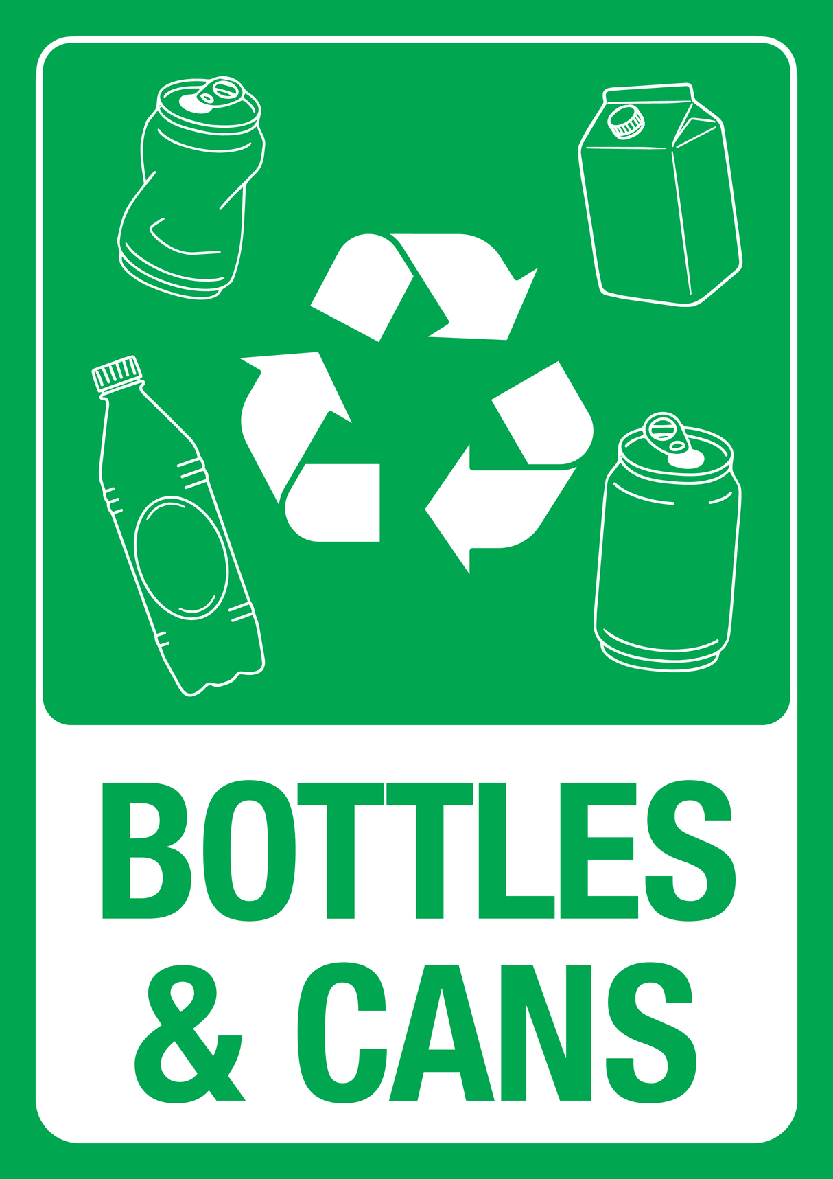 Recycle - Bottles Cans - White on Green - A4