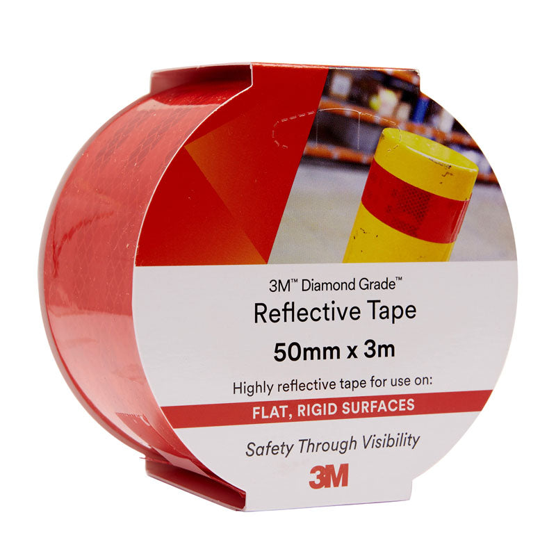 Red 3M reflective tape packaging with a roll of tape on a white background
