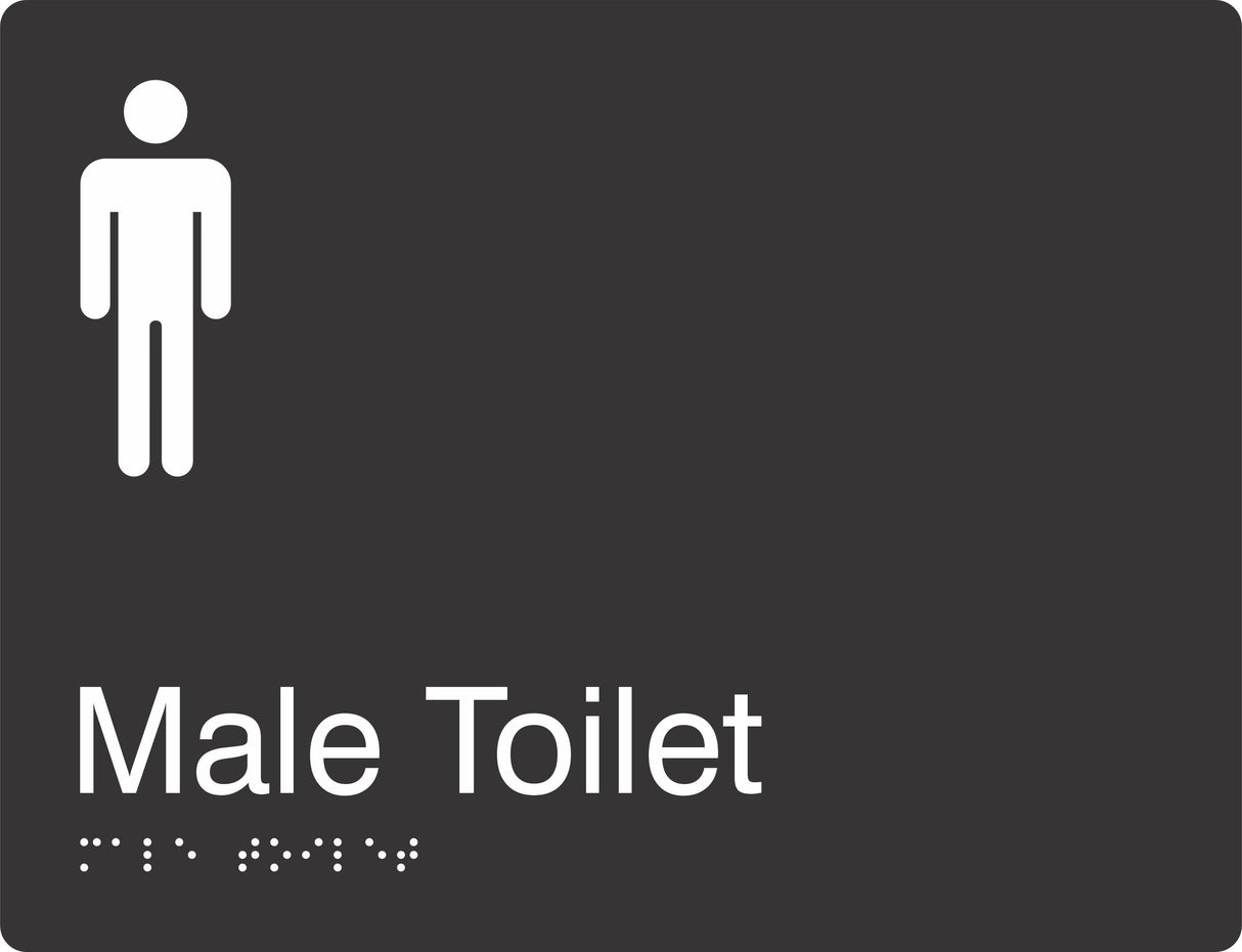Landscape Male Toilet Braille Signage made from Black Acrylic with white Tactile Print