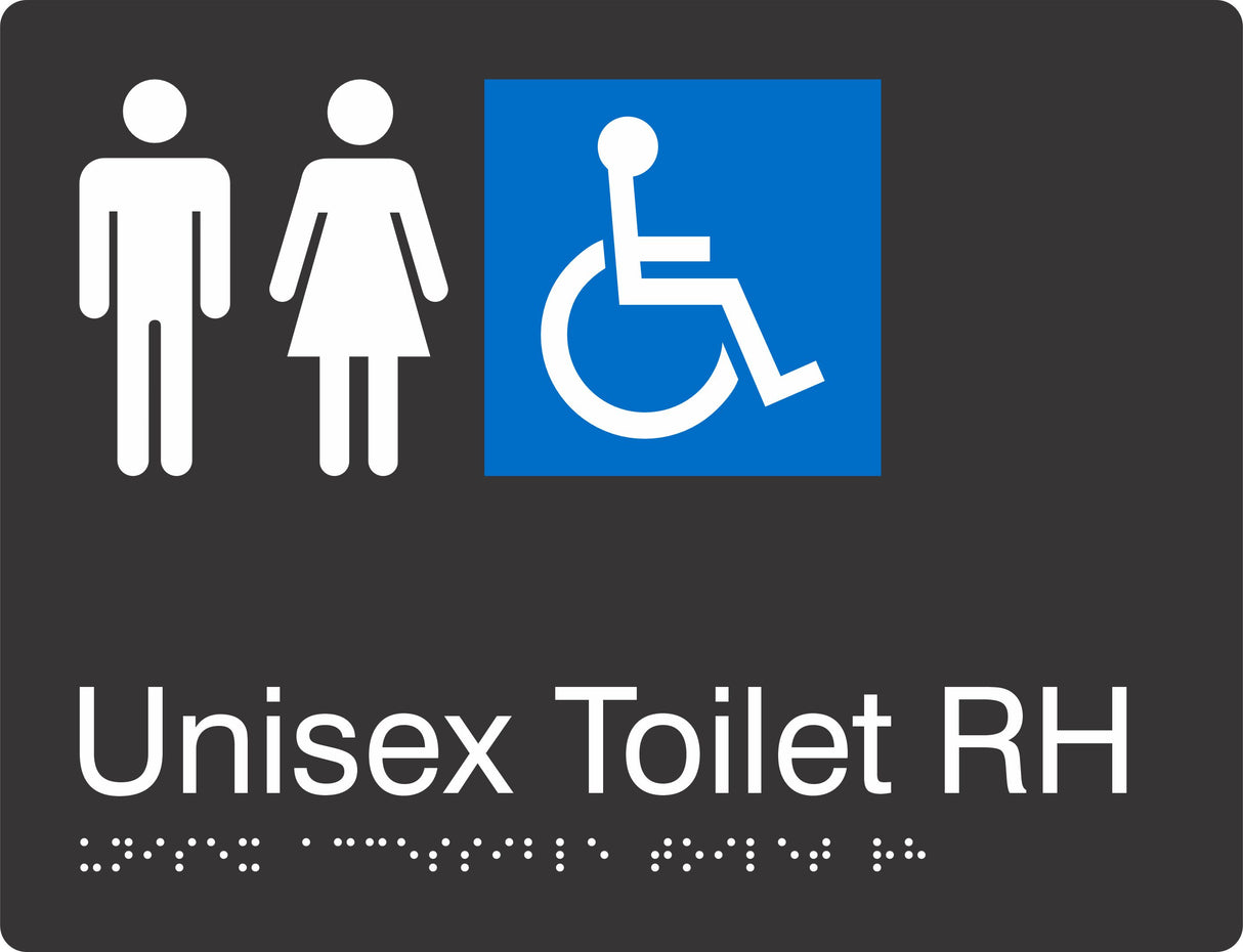Landscape Unisex Accessible Toilet RH Braille Signage made from Black Acrylic with white Tactile Print