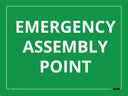 Green site safety sign with 'EMERGENCY ASSEMBLY POINT' text on a green background