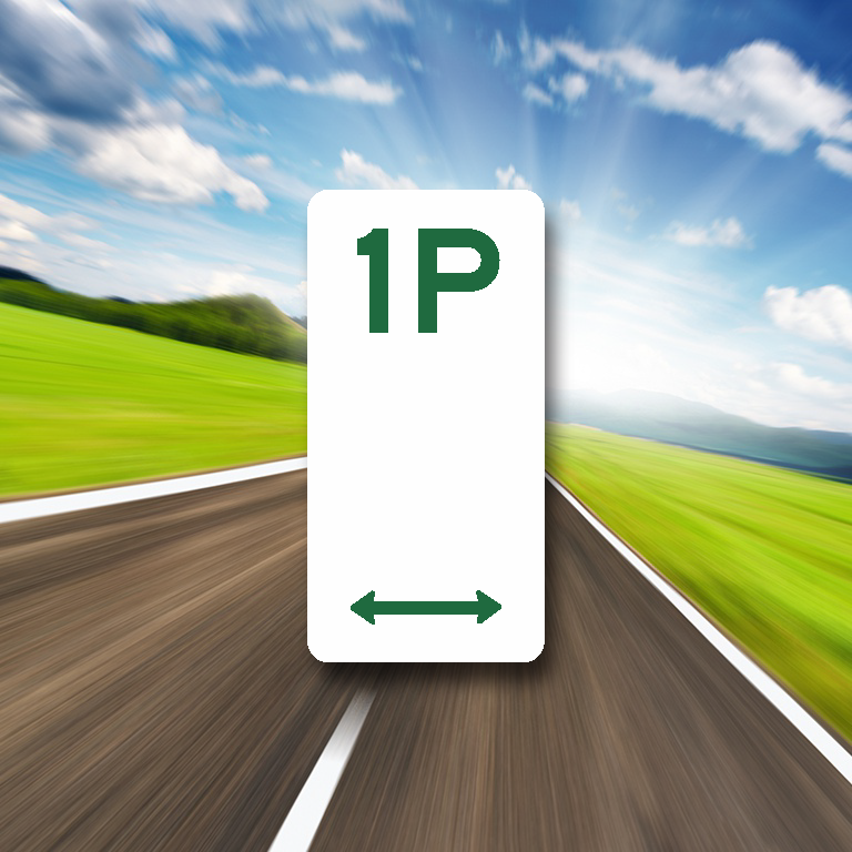 A green 'P' shaped parking sign with a directional arrow, set against a blurred background of a road.
