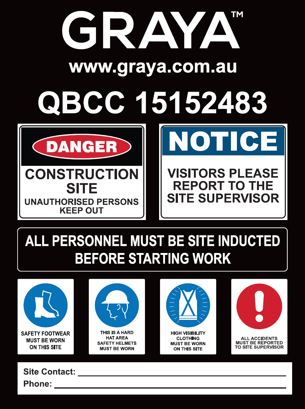 Collection of safety signs with Graya branding on a black background produced on 5mm corflute