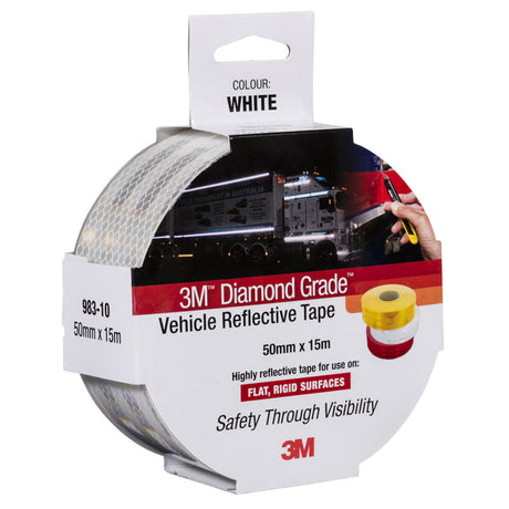 White 3M Diamond Grade vehicle reflective tape packaging on a white background