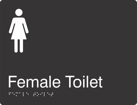 Landscape Female Toilet Braille Signage made from Black Acrylic with white Tactile Print 
