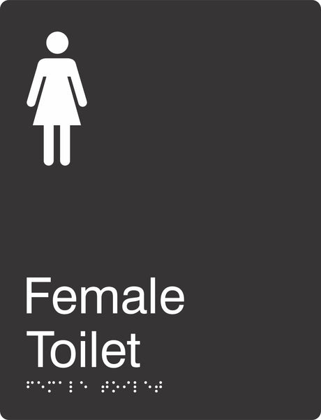 Portrait Female Toilet Braille Signage made from Black Acrylic with white Tactile Print 