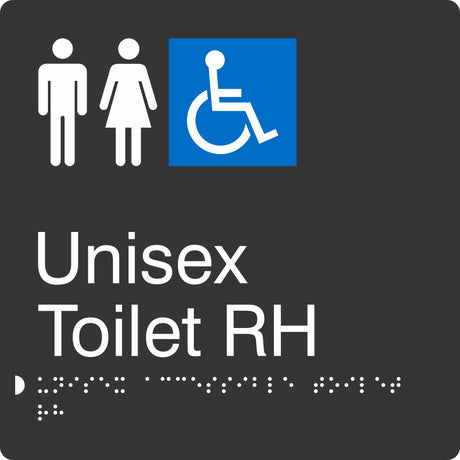 Square Unisex Accessible Toilet RH Braille Signage made from Black Acrylic with white Tactile Print 