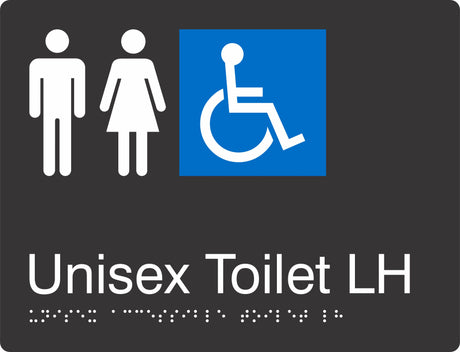 Landscape Unisex Accessible Toilet LH Braille Signage made from Black Acrylic with white Tactile Print 