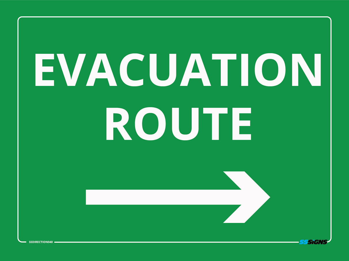 Green site safety sign with 'EVACUATION POINT' and right arrow text on a green background