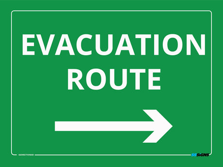 Green site safety sign with 'EVACUATION POINT' and right arrow text on a green background