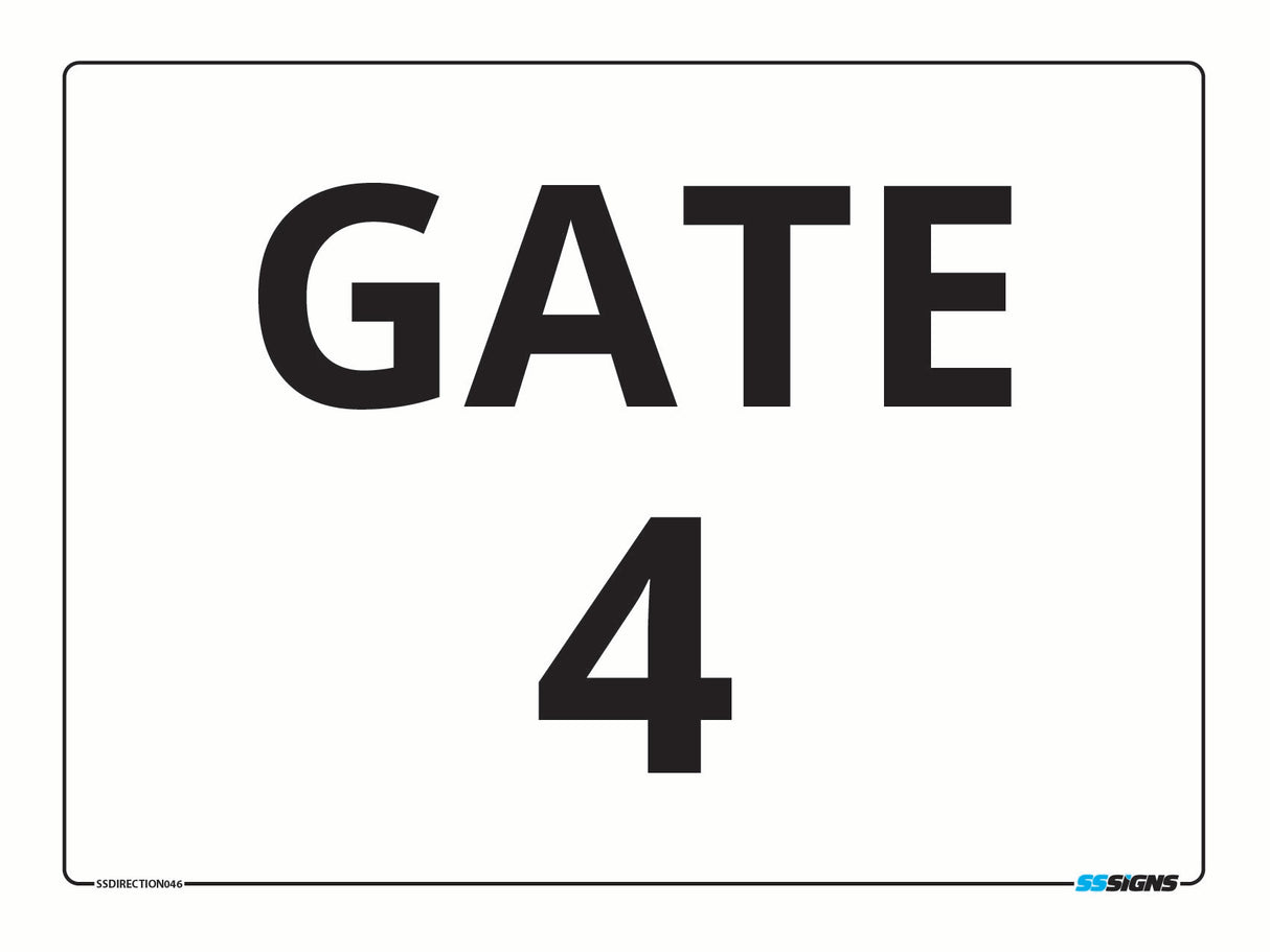 Black 'GATE 4' sign on a white background