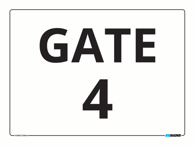 Black 'GATE 4' sign on a white background