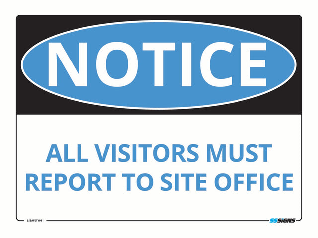 Notice sign with blue oval and white text on a black border