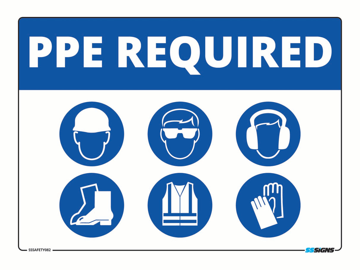 Safety sign with PPE (Personal Protective Equipment) icons and 'PPE Required' text on a blue background.