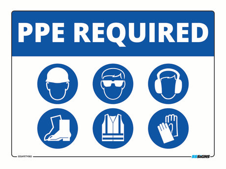 Safety sign with PPE (Personal Protective Equipment) icons and 'PPE Required' text on a blue background.