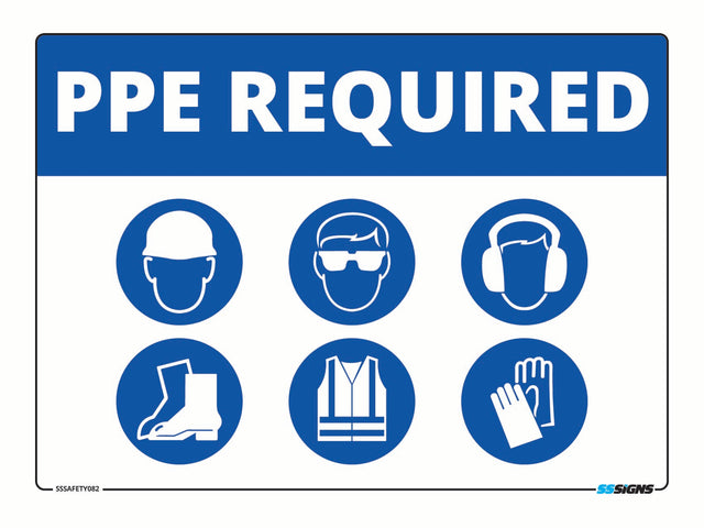 Safety sign with PPE (Personal Protective Equipment) icons and 'PPE Required' text on a blue background.