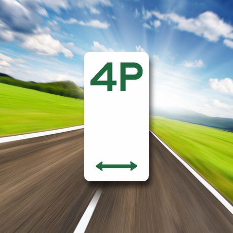 A green 'P' shaped parking sign with a directional arrow, set against a blurred background of a road.