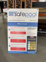 Safety sign for Safe Pool Solutions with various labels and text on a white background.