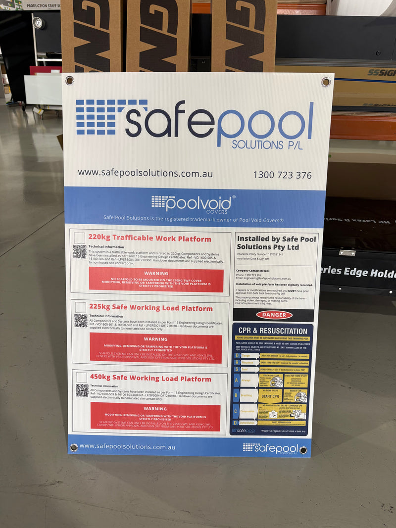 Safety sign for Safe Pool Solutions with various labels and text on a white background.