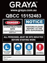 Collection of safety signs with Graya branding on a black background produced on 5mm corflute