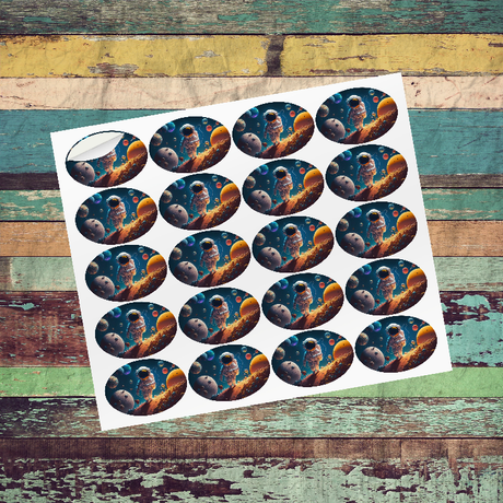 A set of custom oval-shaped stickers with a design, placed on a wooden background. The stickers have a glossy finish and are intended for labeling or personal use.